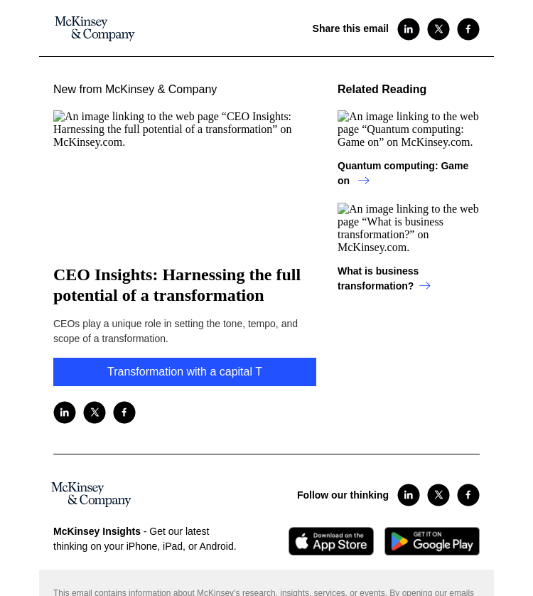 Письмо компании «McKinsey & Company» на тему «CEO Insights: Harnessing the full potential of a transformation»