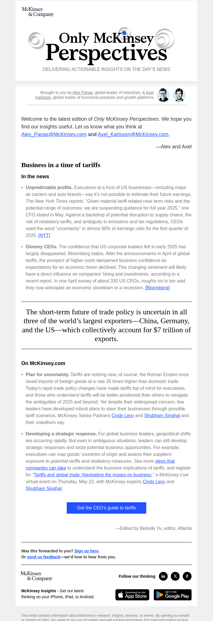 Письмо компании «McKinsey & Company» на тему «How can businesses navigate tariff-related uncertainty?»