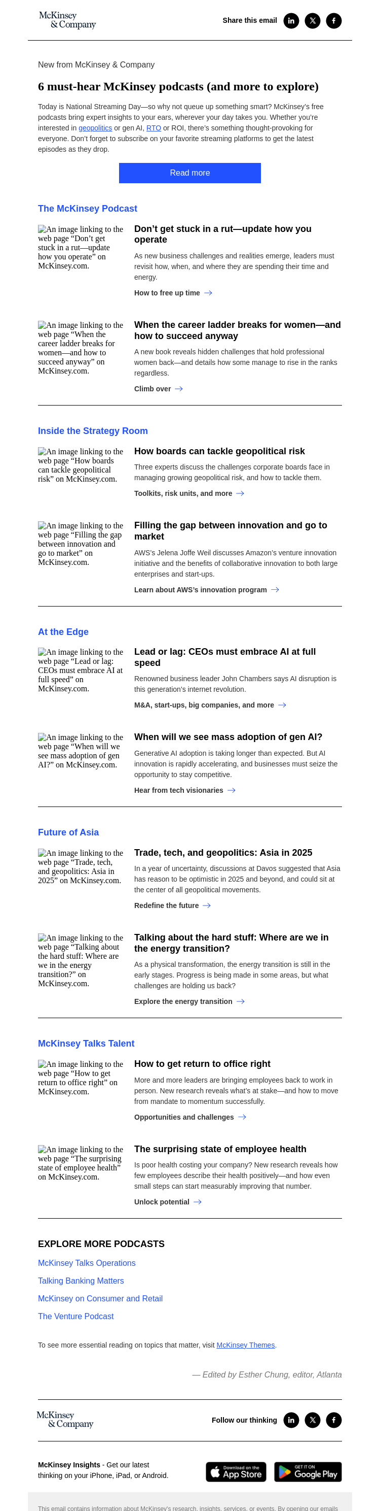 Письмо компании «McKinsey & Company» на тему «What to stream this week: 6 McKinsey podcasts worth a listen»