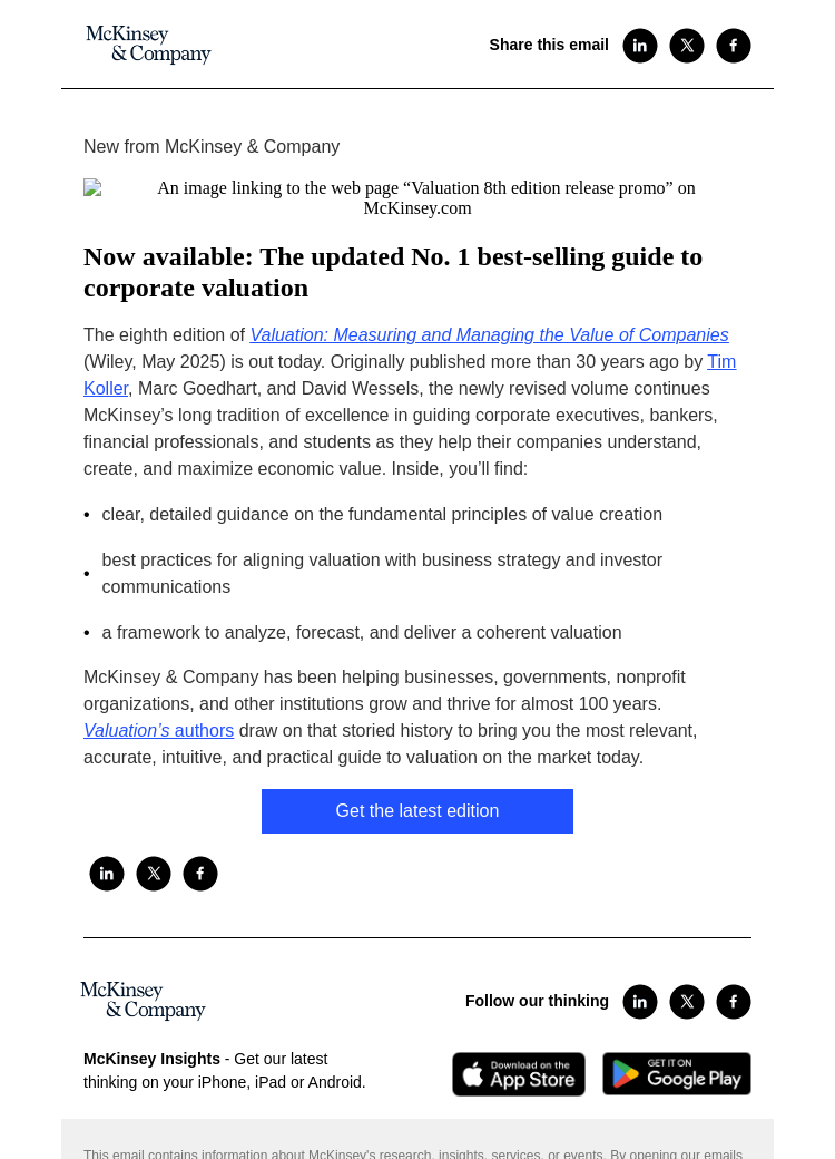 Письмо компании «McKinsey & Company» на тему «The No. 1 best-selling guide to corporate valuation, newly updated
 and revised»
