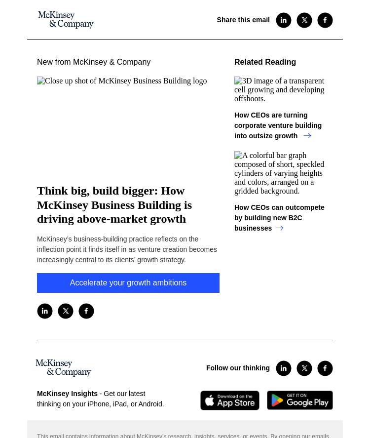 Письмо компании «McKinsey & Company» на тему «Think big, build bigger: How McKinsey Business Building is driving
 above-market growth»