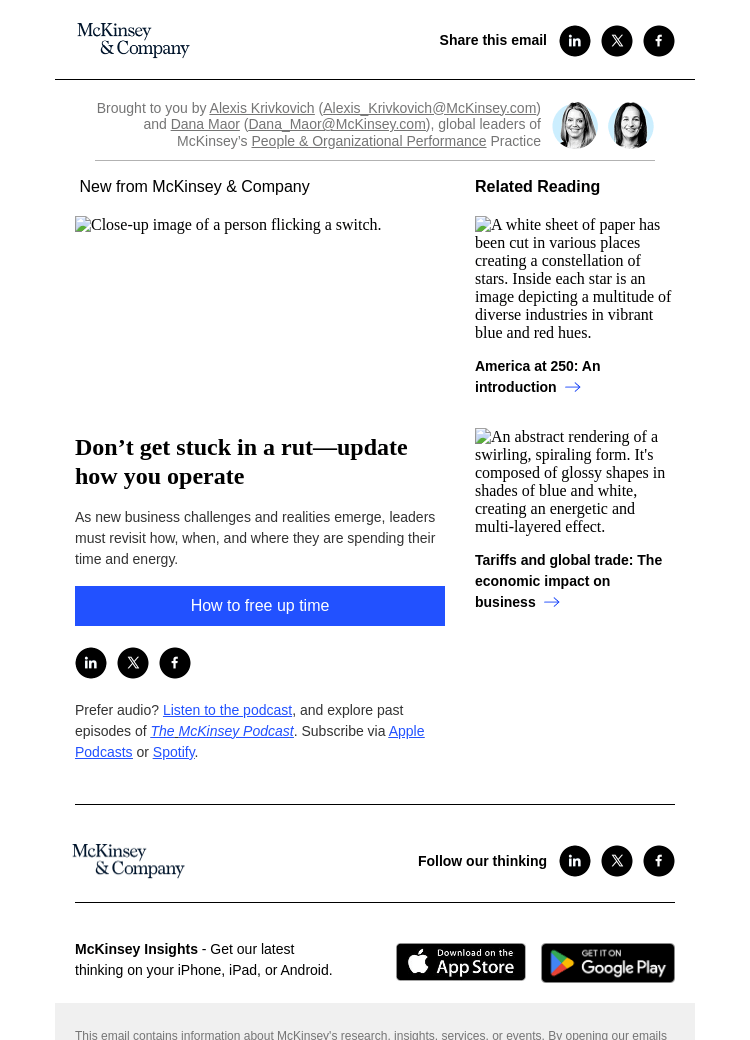Письмо компании «McKinsey & Company» на тему «Don’t get stuck in a rut—update how you operate»