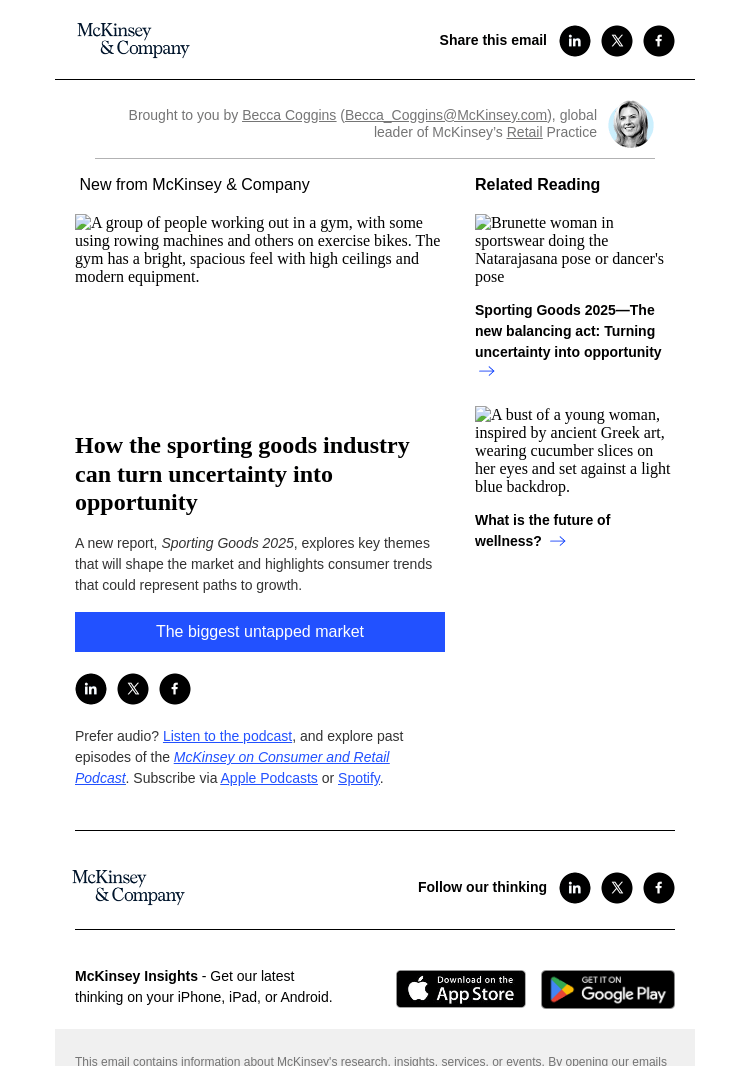 Письмо компании «McKinsey & Company» на тему «How the sporting goods industry can turn uncertainty into
 opportunity»