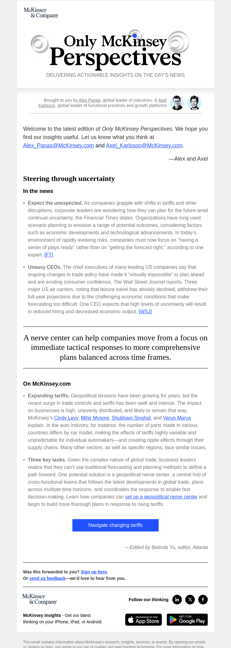 Письмо компании «McKinsey & Company» на тему «Charting a course through today’s tariff landscape»