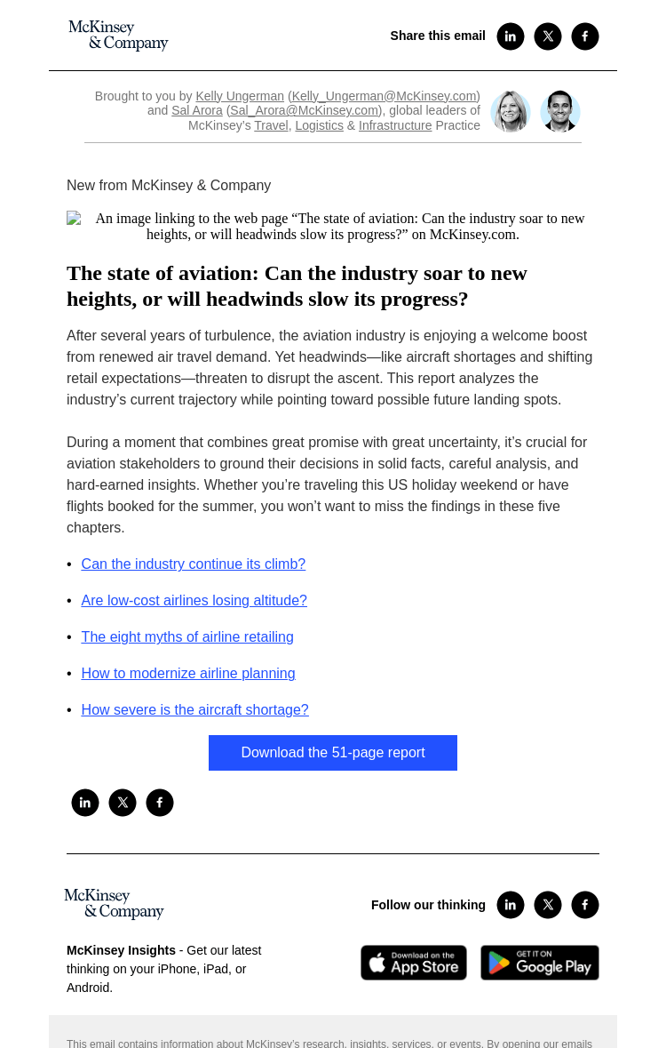Письмо компании «McKinsey & Company» на тему «At the airport? 8 myths of airline retailing, plus aircraft
 shortages, and more»
