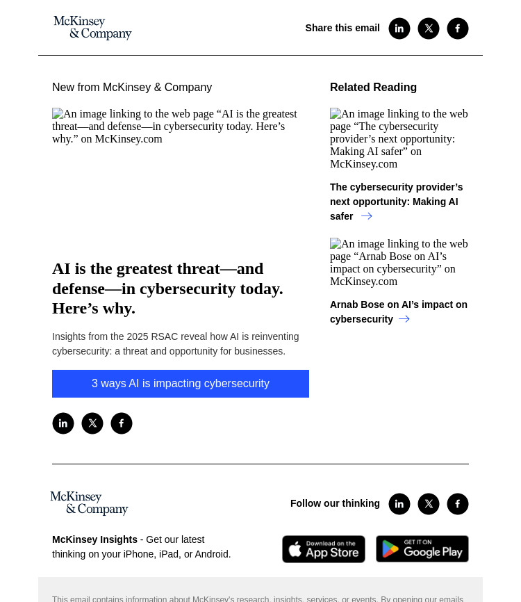 Письмо компании «McKinsey & Company» на тему «AI is the greatest threat—and defense—in cybersecurity today. Here’s why.»