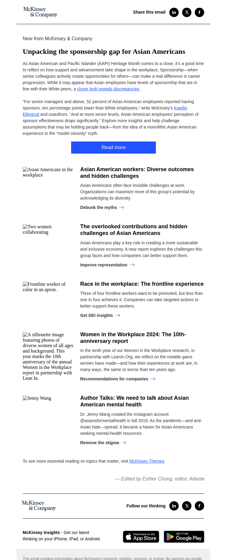 Письмо компании «McKinsey & Company» на тему «What Asian American employees say about workplace support»
