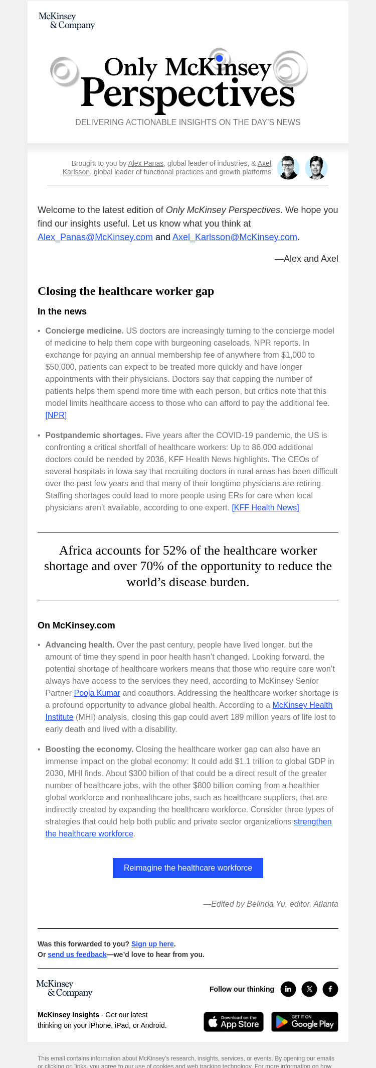 Письмо компании «McKinsey & Company» на тему «A ten-million-worker shortfall: Solving shortages in healthcare»