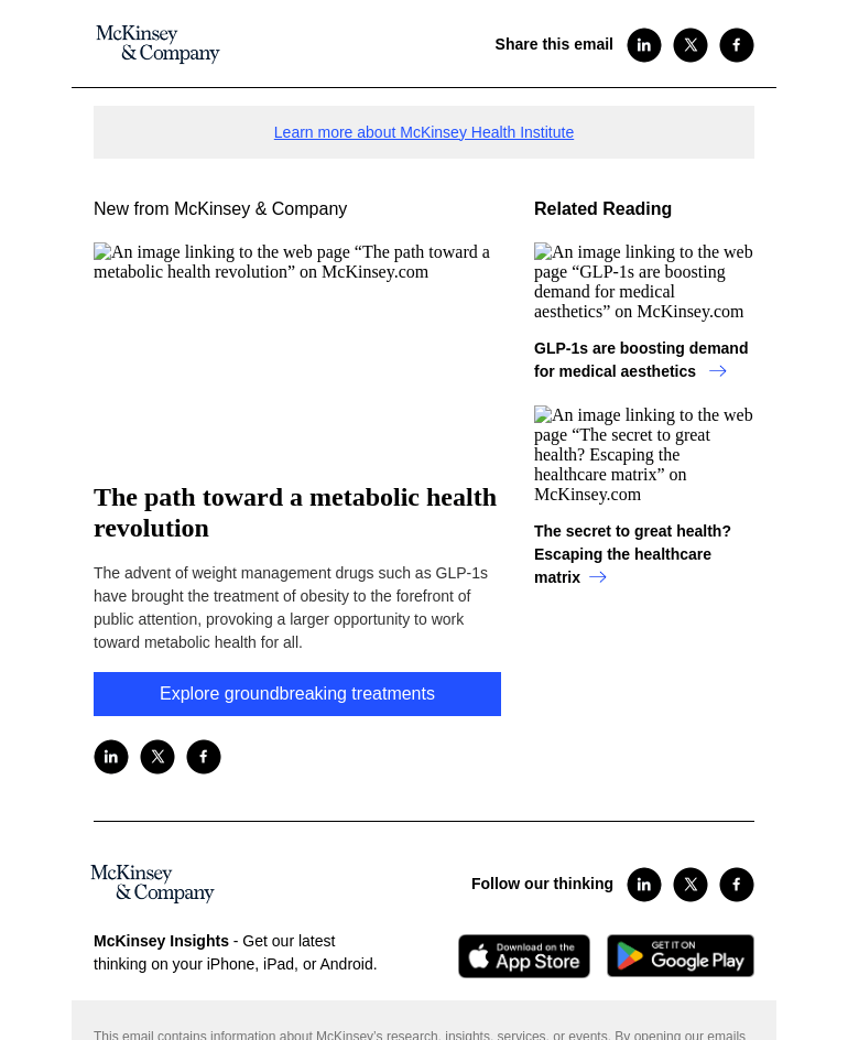 Письмо компании «McKinsey & Company» на тему «The path toward a metabolic health revolution»