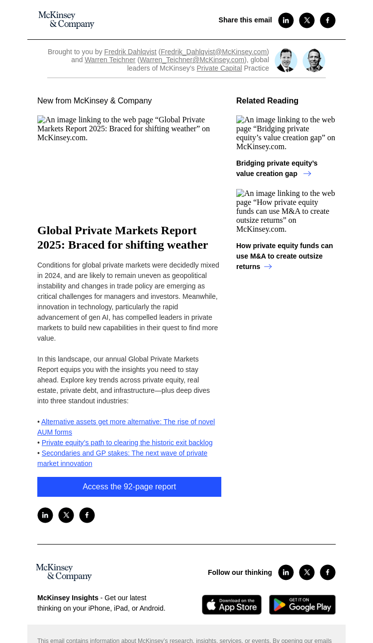 Письмо компании «McKinsey & Company» на тему «Global Private Markets Report 2025: Braced for shifting weather»