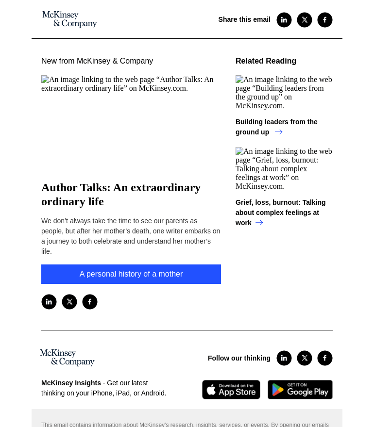 Письмо компании «McKinsey & Company» на тему «Author Talks: An extraordinary ordinary life»