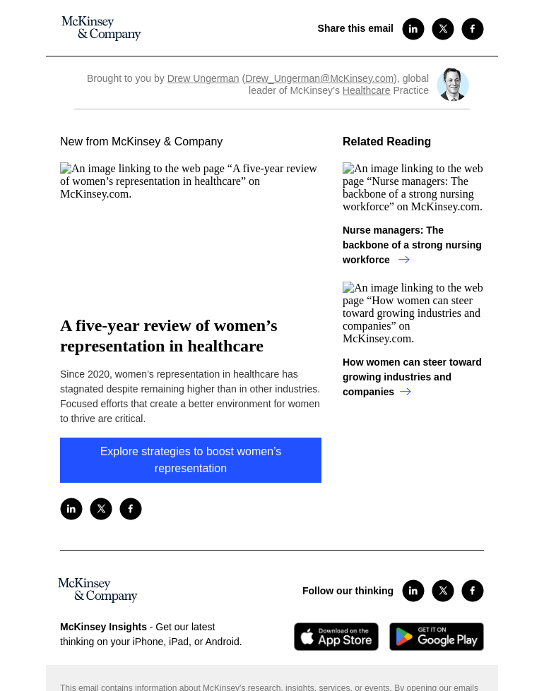 Письмо компании «McKinsey & Company» на тему «A five-year review of women’s representation in healthcare»