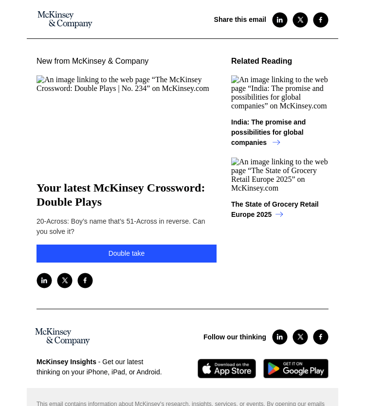 Письмо компании «McKinsey & Company» на тему «Your latest McKinsey Crossword: Double Plays»