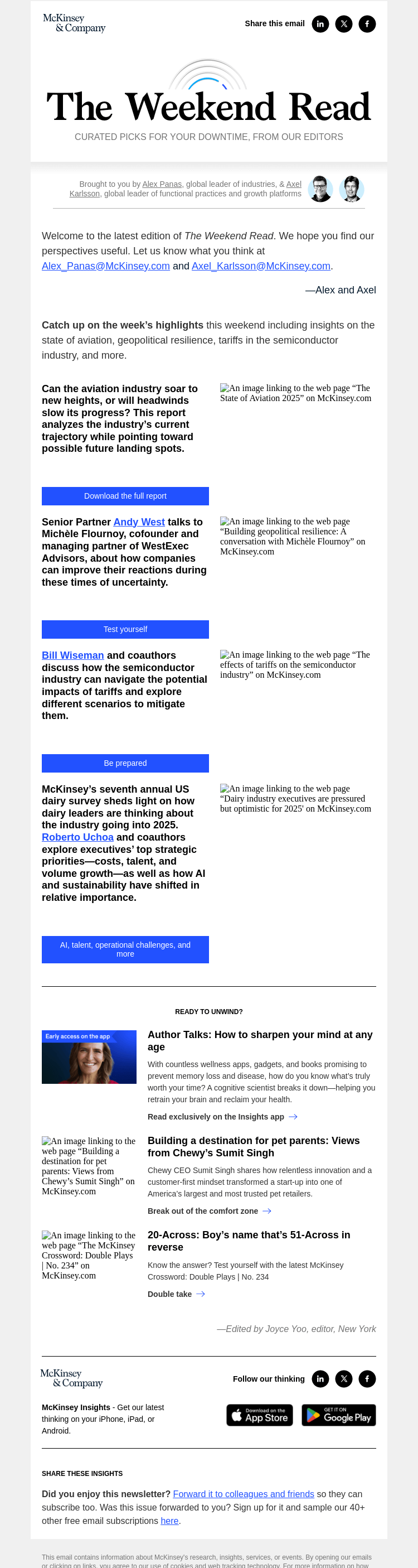 Письмо компании «McKinsey & Company» на тему «The state of aviation, geopolitical resilience, tariffs in the
 semiconductor industry, and more: The Weekend Read»