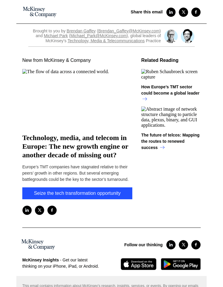 Письмо компании «McKinsey & Company» на тему «Technology, media, and telecom in Europe: The new growth engine or
 another decade of missing out?»
