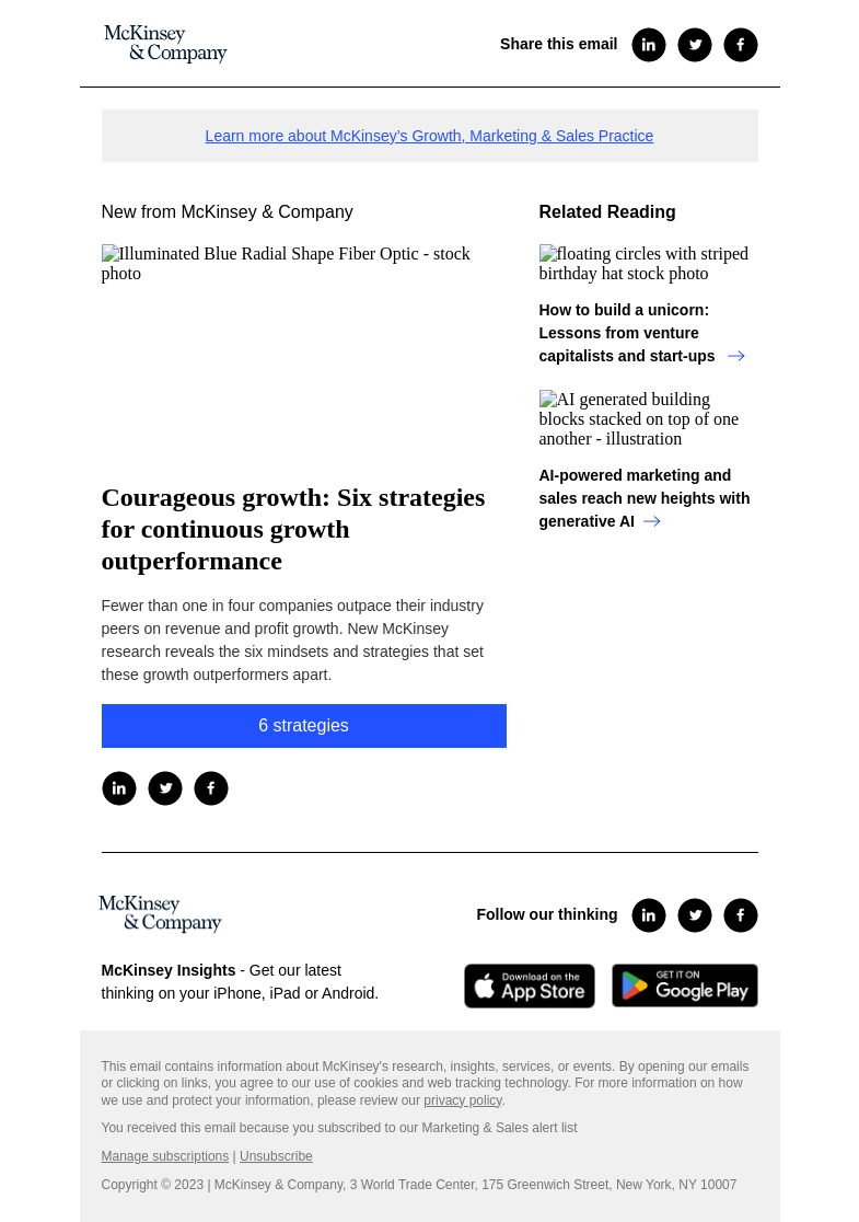 Письмо компании «McKinsey & Company» на тему «Courageous growth: Six strategies for continuous growth
 outperformance»