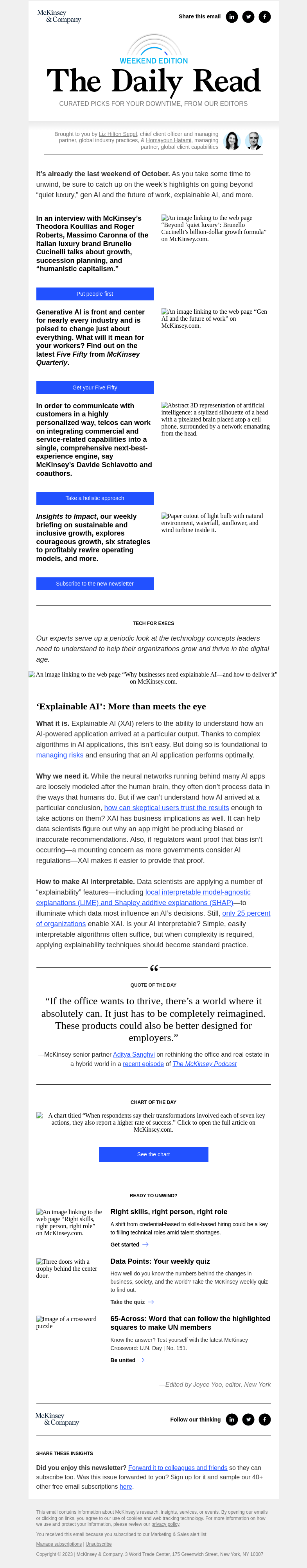 Письмо компании «McKinsey & Company» на тему «Beyond ‘quiet luxury,’ gen AI and the future of work, Tech for Execs, and more: The Daily Read weekender»