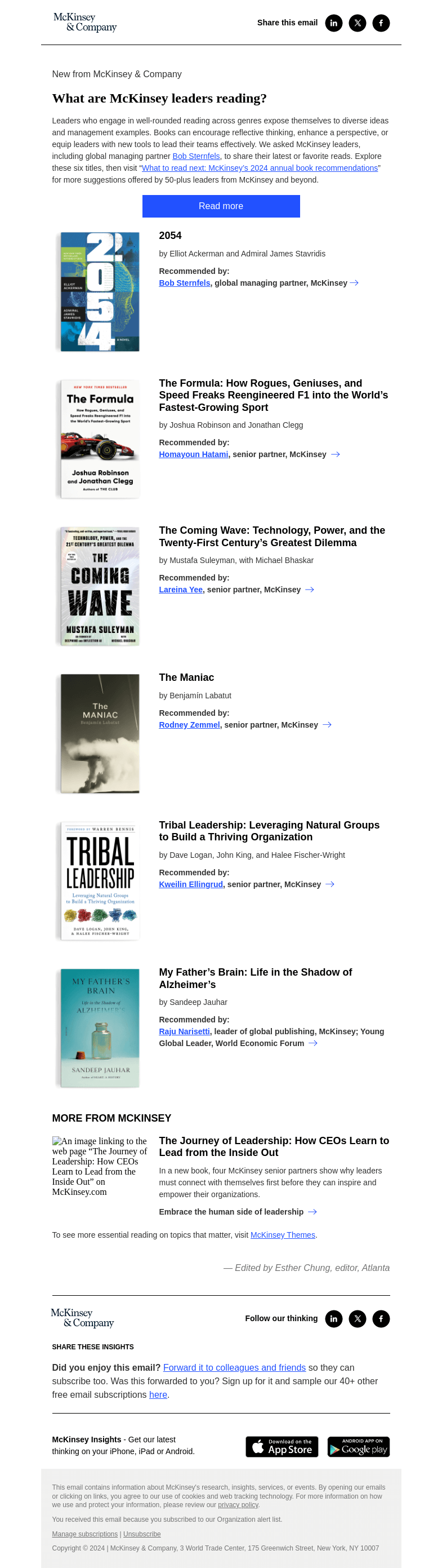 Письмо компании «McKinsey & Company» на тему «McKinsey leaders’ book recommendations»