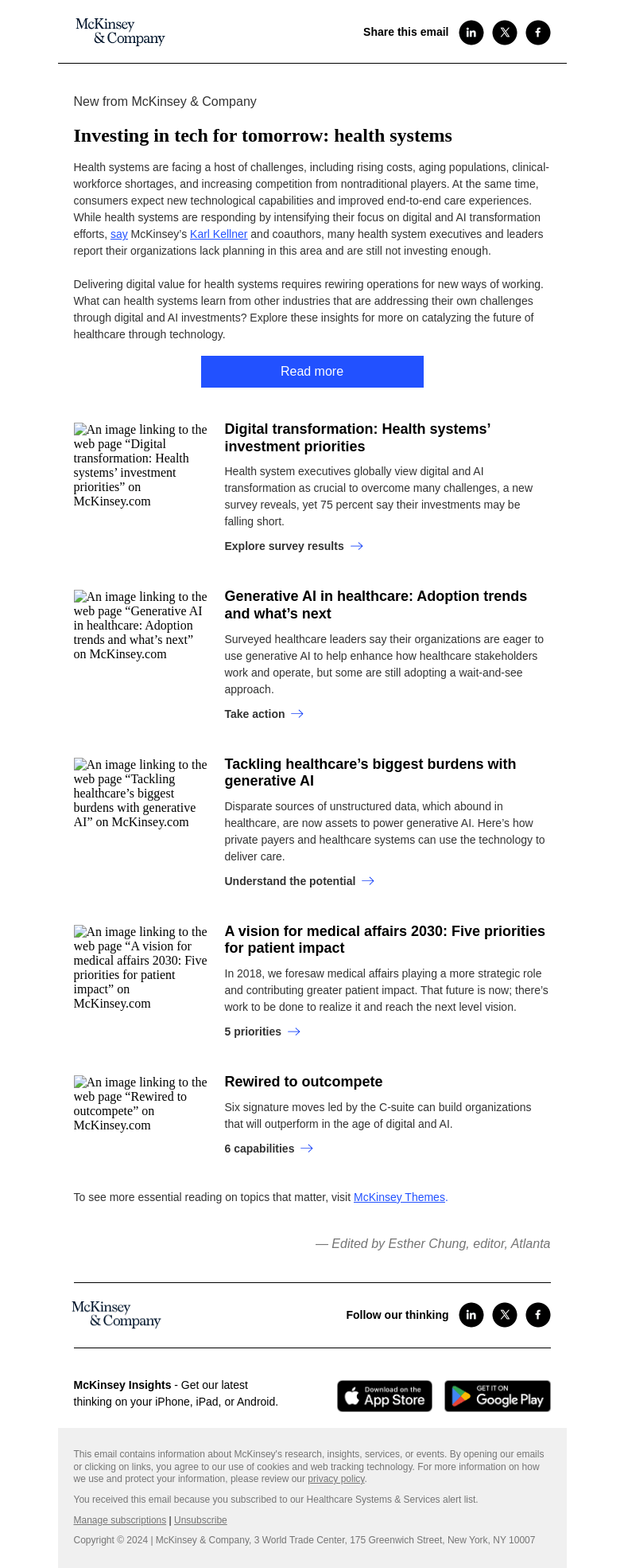 Письмо компании «McKinsey & Company» на тему «Investing in tech for tomorrow: health systems»