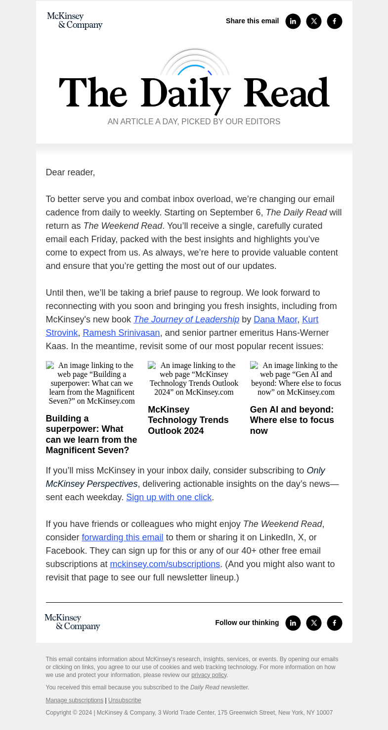 Письмо компании «McKinsey & Company» на тему «Read some of our most popular recent issues»