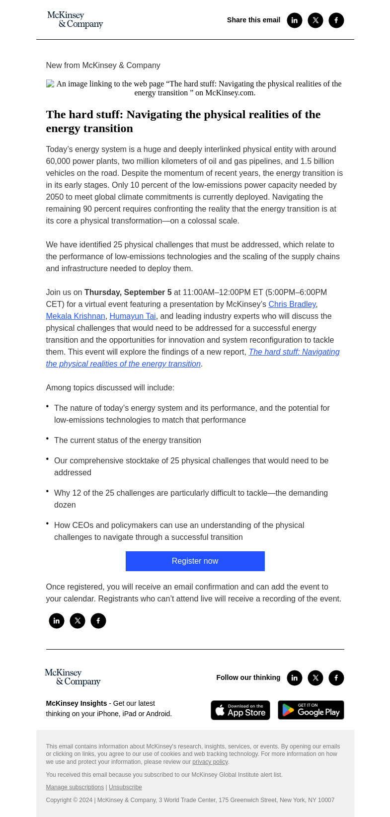 Письмо компании «McKinsey & Company» на тему «You're invited! Join us for a virtual event on the physical
 realities of the energy transition»
