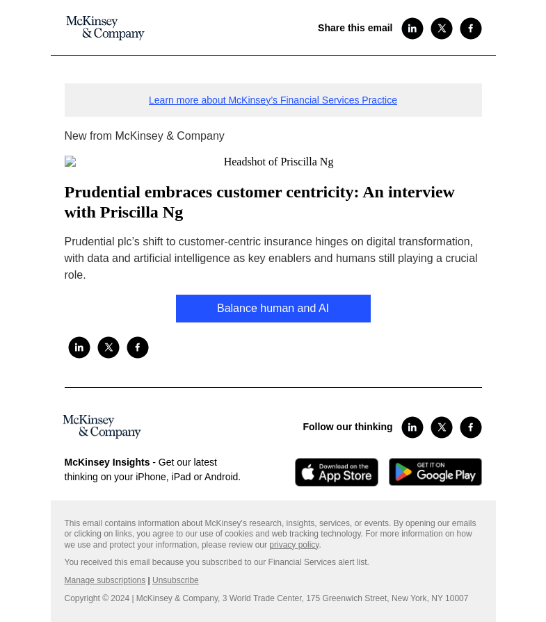 Письмо компании «McKinsey & Company» на тему «Prudential embraces customer centricity: An interview with
 Priscilla Ng»