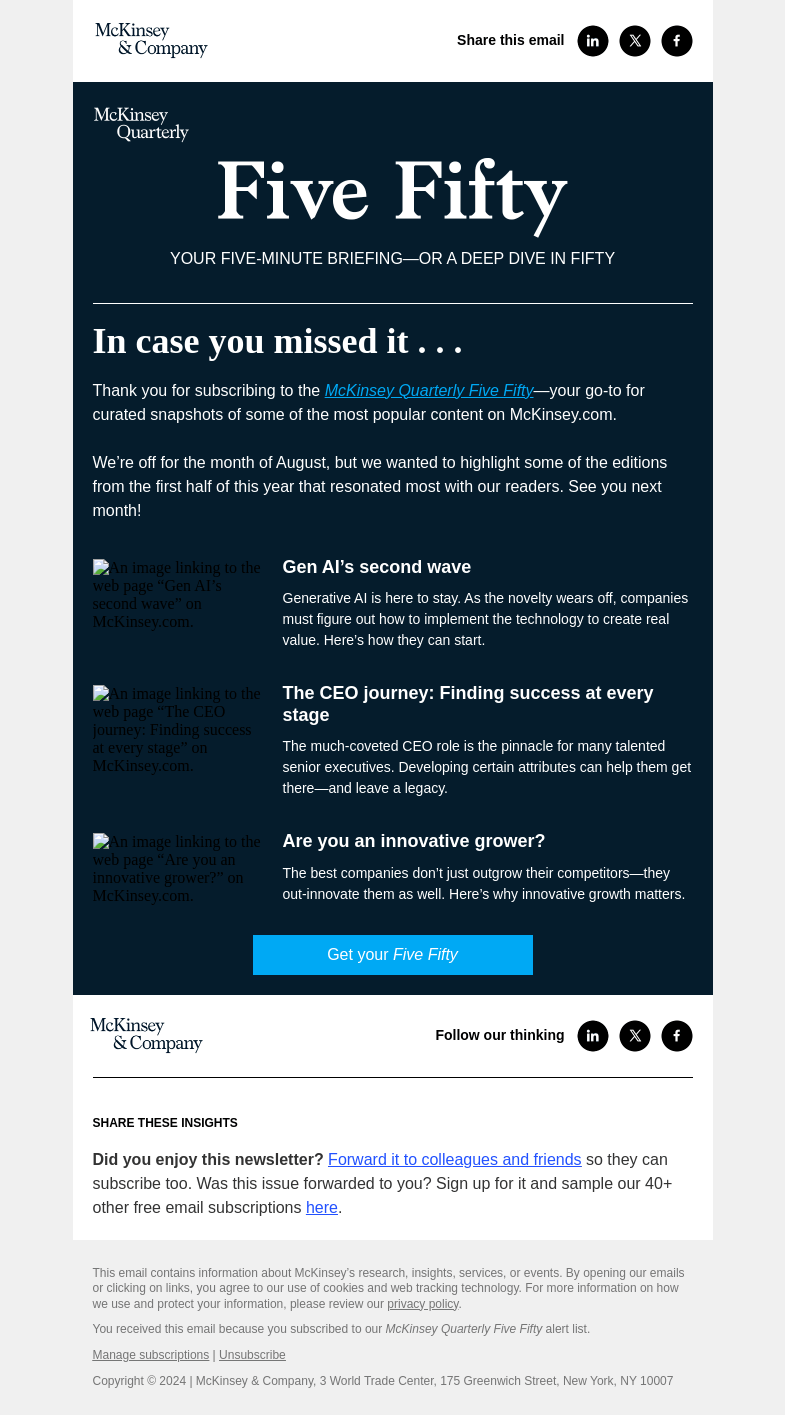 Письмо компании «McKinsey & Company» на тему «Popular recent editions—and a brief respite»