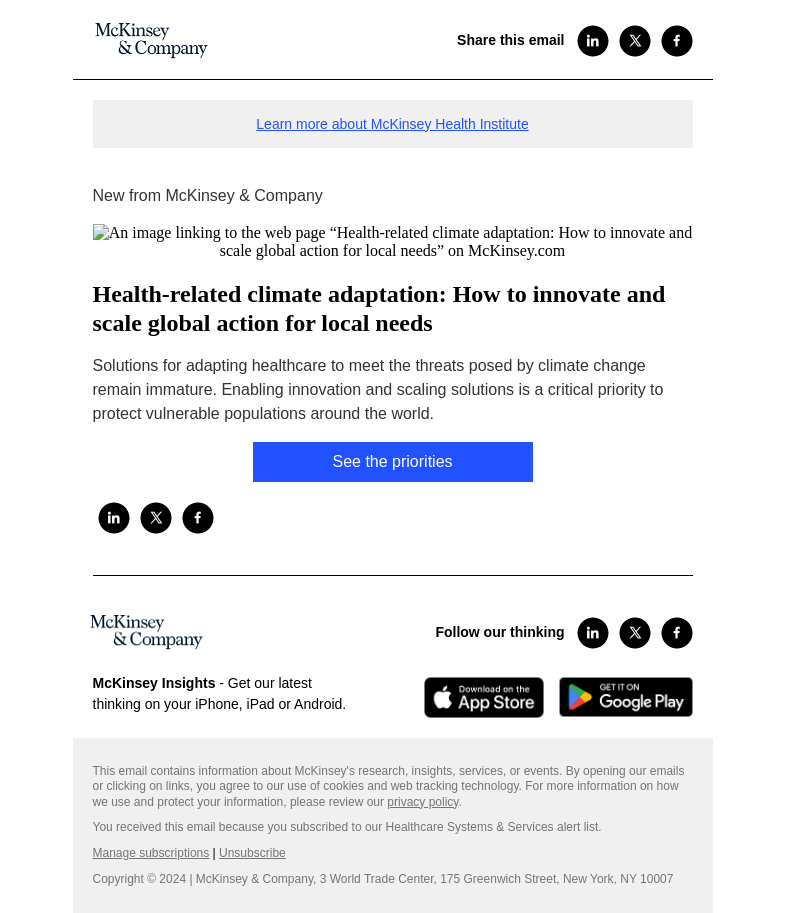 Письмо компании «McKinsey & Company» на тему «Health-related climate adaptation: How to innovate and scale global
 action for local needs»