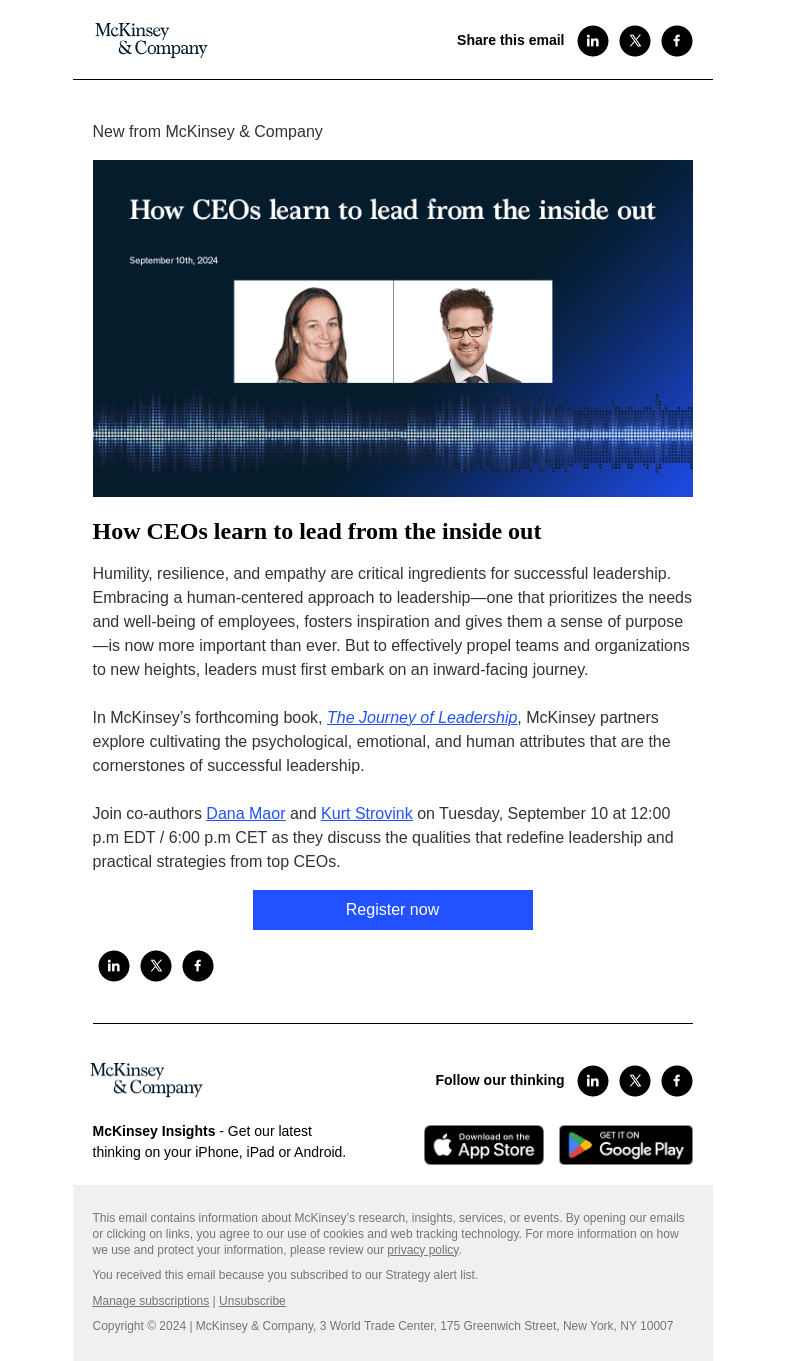 Письмо компании «McKinsey & Company» на тему «You're invited! Join us for a McKinsey Live virtual event on how
 CEOs lead»