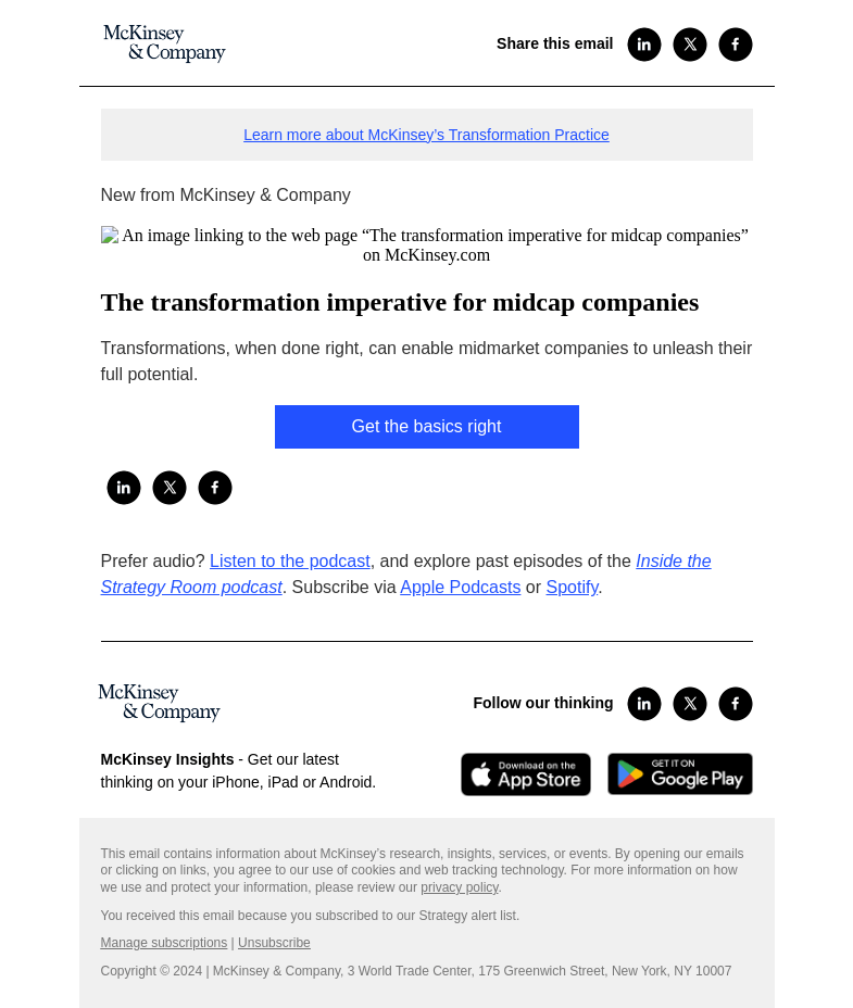 Письмо компании «McKinsey & Company» на тему «The transformation imperative for midcap companies»