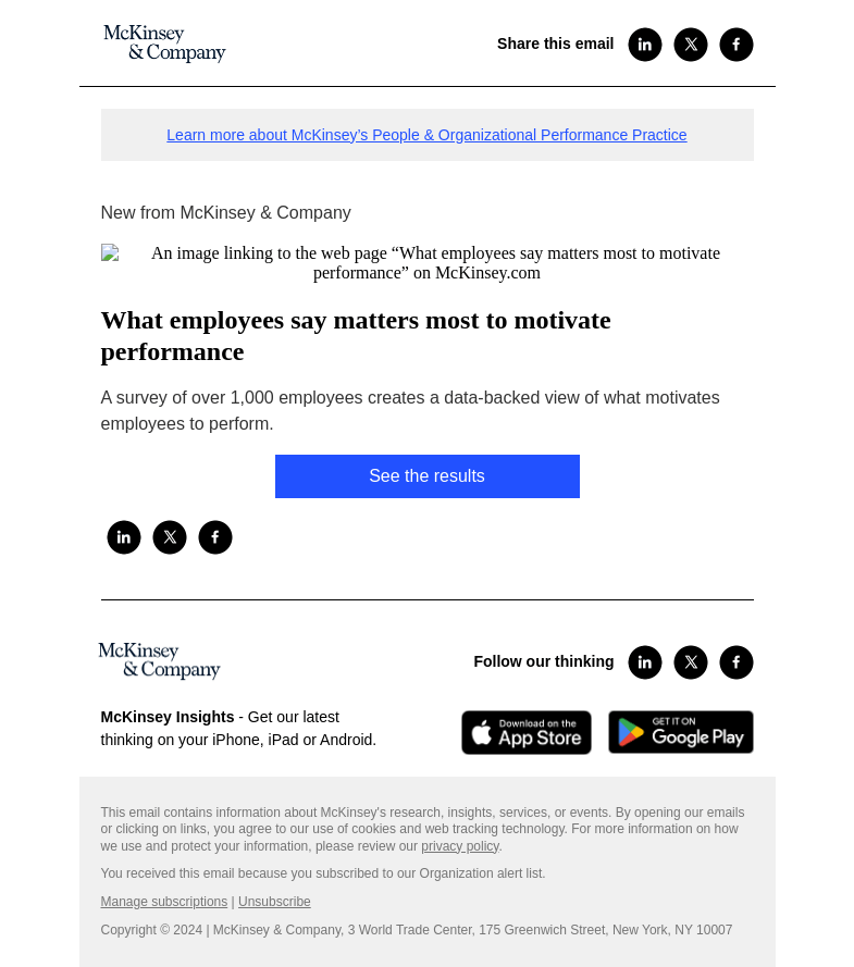 Письмо компании «McKinsey & Company» на тему «What employees say matters most to motivate performance»