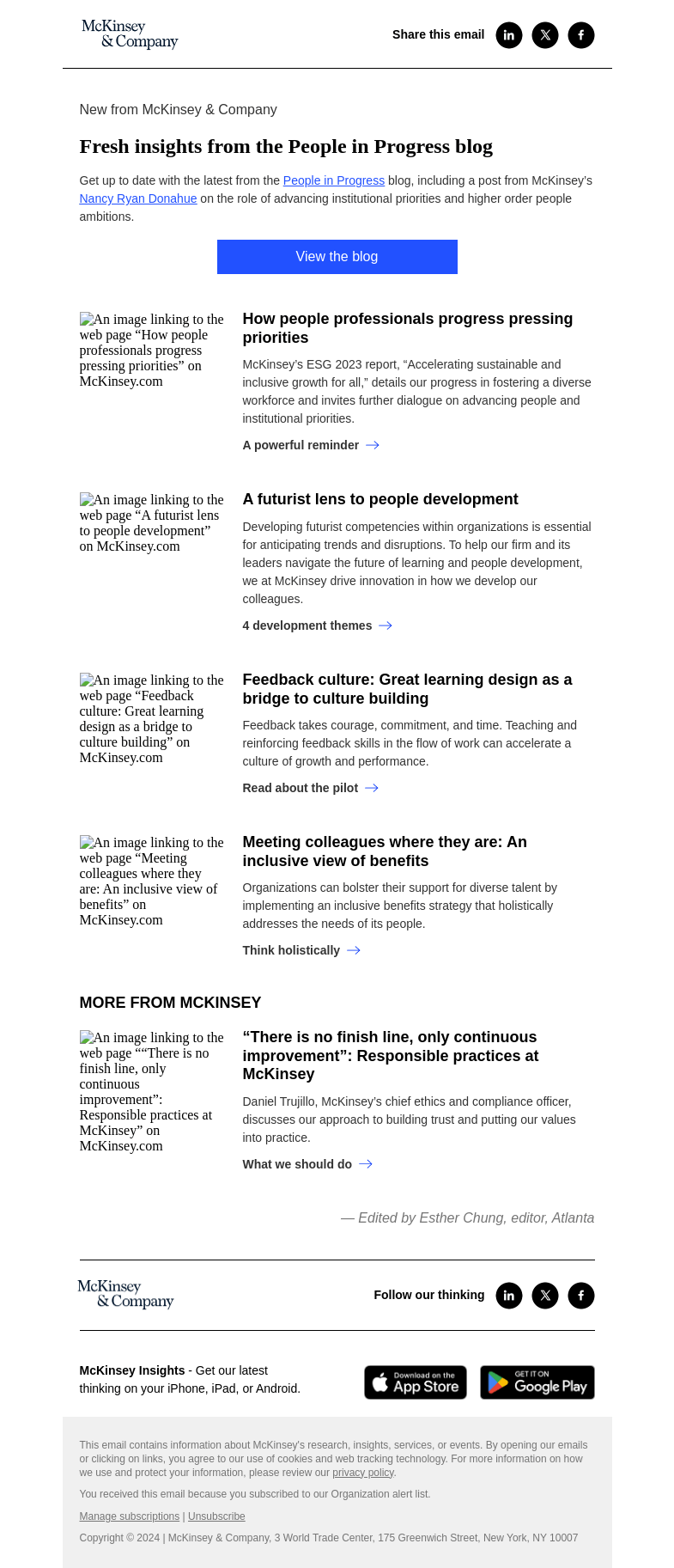 Письмо компании «McKinsey & Company» на тему «Priorities, feedback, and more from the People in Progress blog»