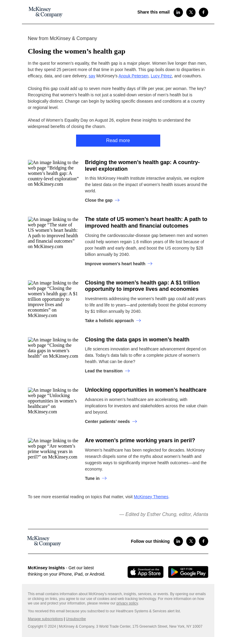 Письмо компании «McKinsey & Company» на тему «Closing the women’s health gap»