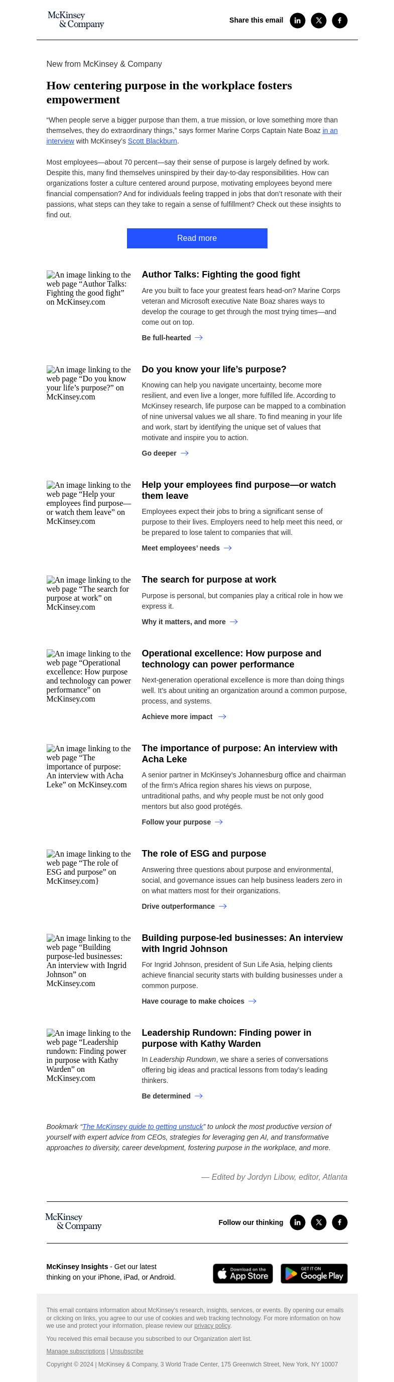 Письмо компании «McKinsey & Company» на тему «Getting unstuck: Find your purpose»