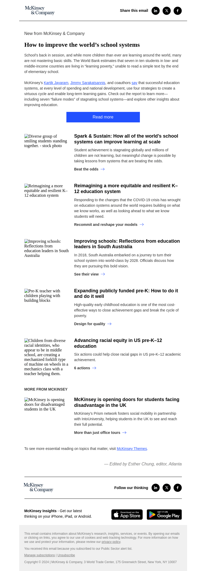 Письмо компании «McKinsey & Company» на тему «Improve classroom learning at a global scale»