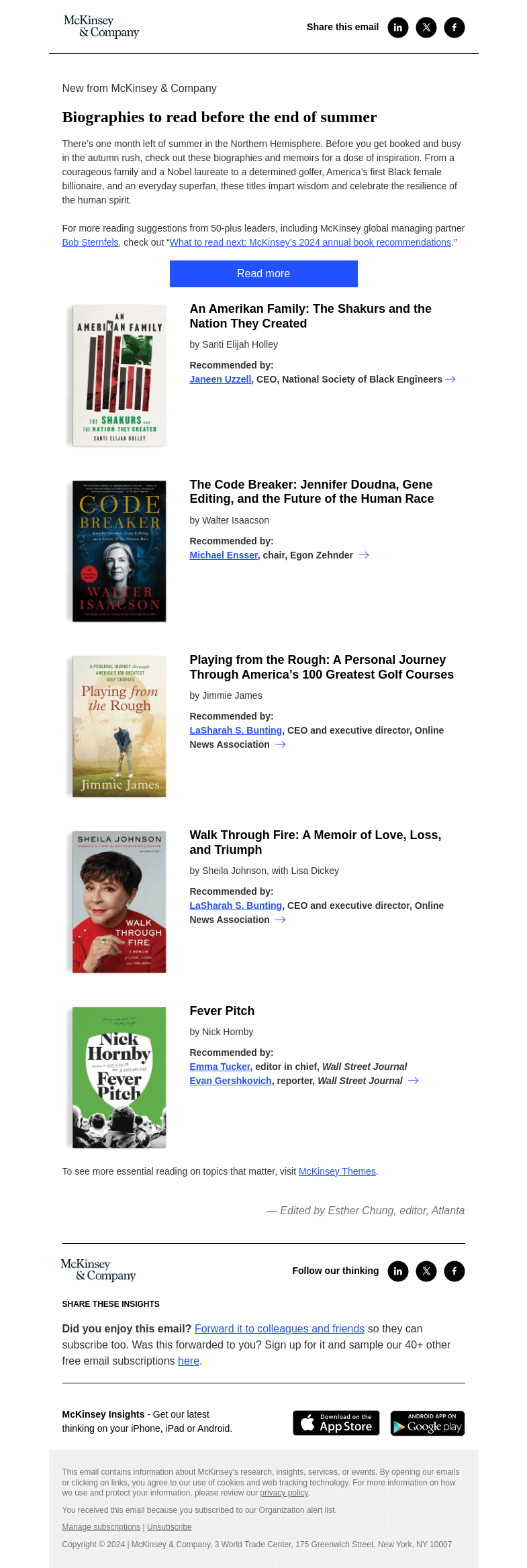 Письмо компании «McKinsey & Company» на тему «Biographies to read before the end of summer»