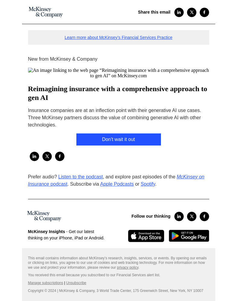 Письмо компании «McKinsey & Company» на тему «Reimagining insurance with a comprehensive approach to gen AI»