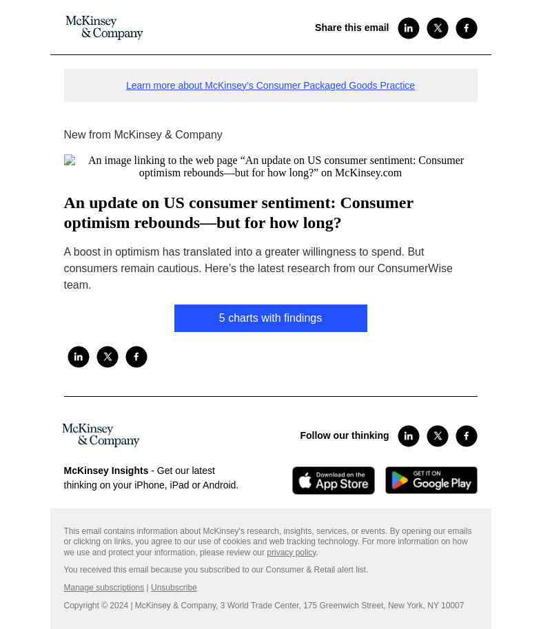 Письмо компании «McKinsey & Company» на тему «An update on US consumer sentiment: Consumer optimism rebounds—but for how long?»
