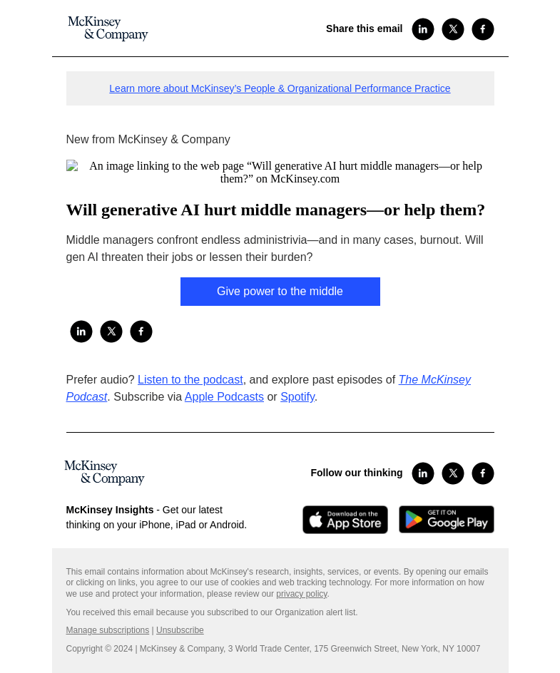 Письмо компании «McKinsey & Company» на тему «Will generative AI hurt middle managers—or help them?»
