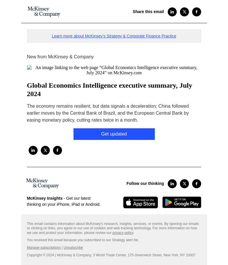 Письмо компании «McKinsey & Company» на тему «Global Economics Intelligence executive summary, July 2024»