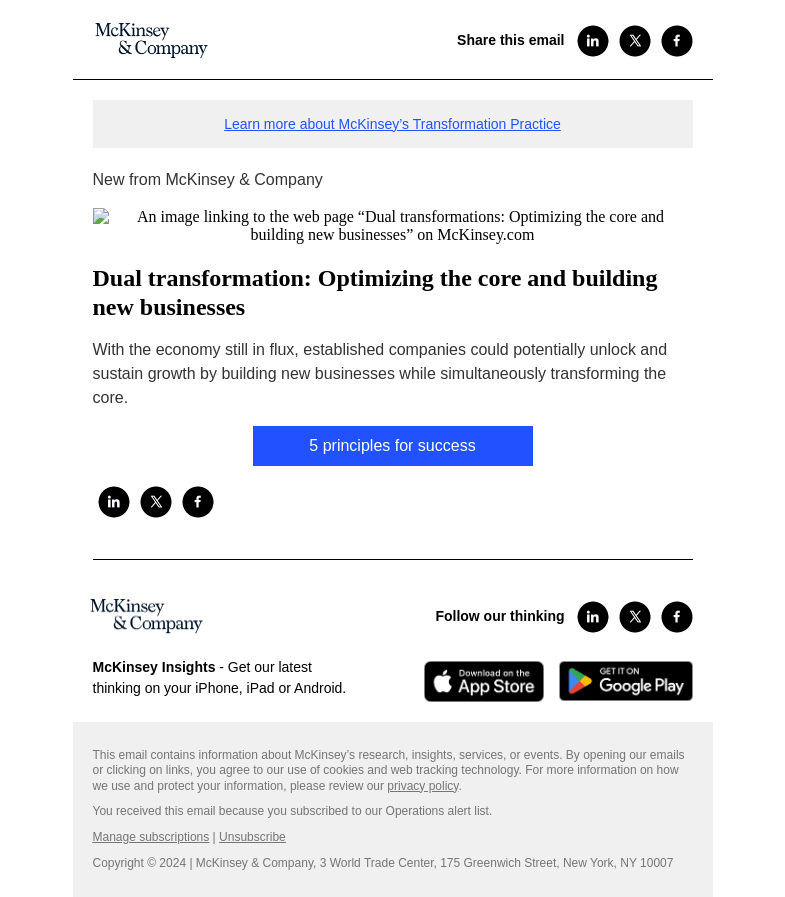Письмо компании «McKinsey & Company» на тему «Dual transformation: Optimizing the core and building new
 businesses»