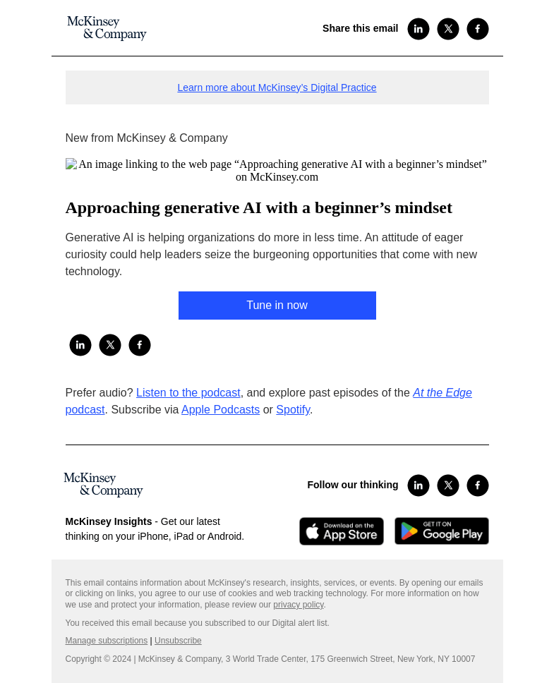 Письмо компании «McKinsey & Company» на тему «Approaching generative AI with a beginner’s mindset»