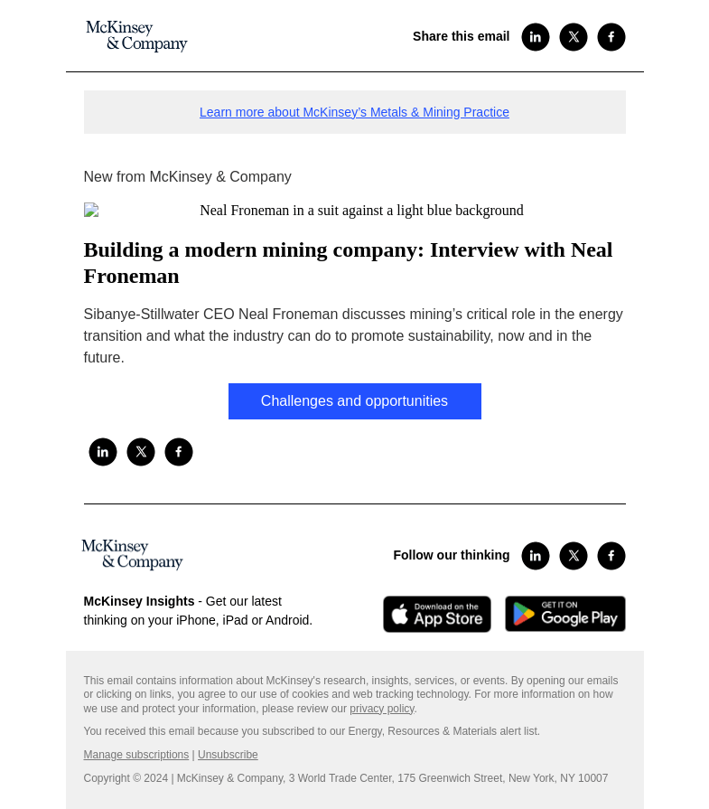 Письмо компании «McKinsey & Company» на тему «Building a modern mining company: Interview with Neal Froneman»