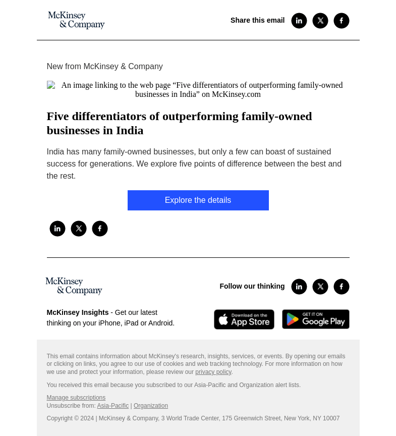 Письмо компании «McKinsey & Company» на тему «Five differentiators of outperforming family-owned businesses in
 India»
