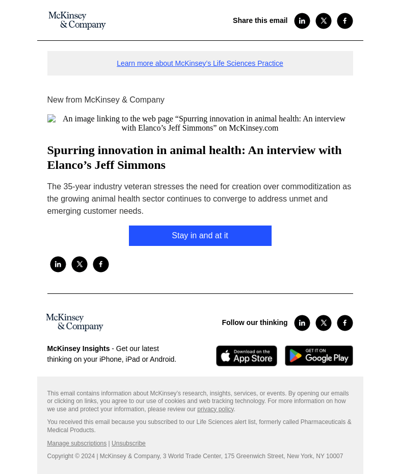 Письмо компании «McKinsey & Company» на тему «Spurring innovation in animal health: An interview with Elanco’s Jeff Simmons»