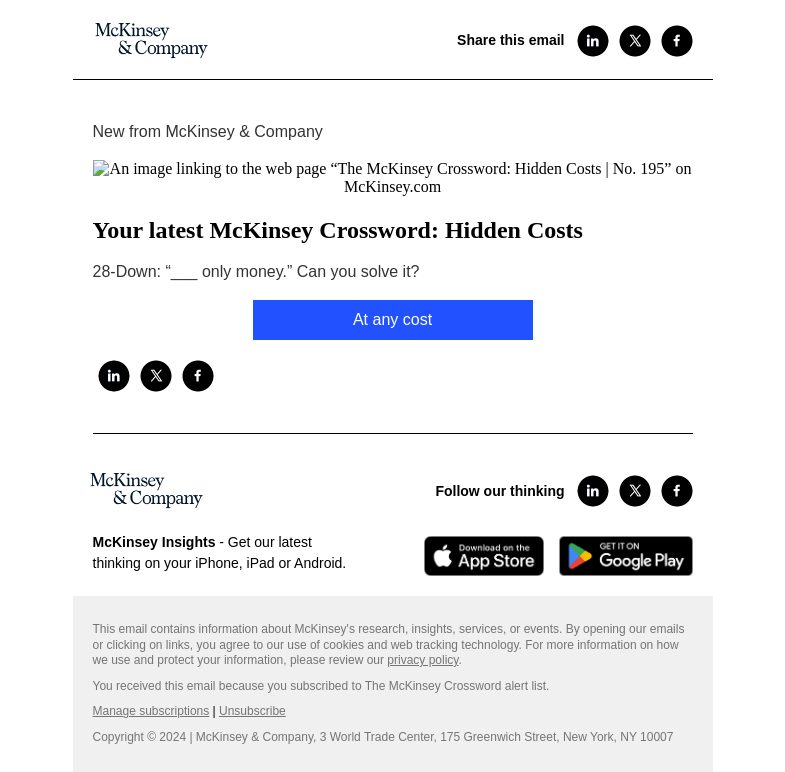 Письмо компании «McKinsey & Company» на тему «Your latest McKinsey Crossword: Hidden Costs»