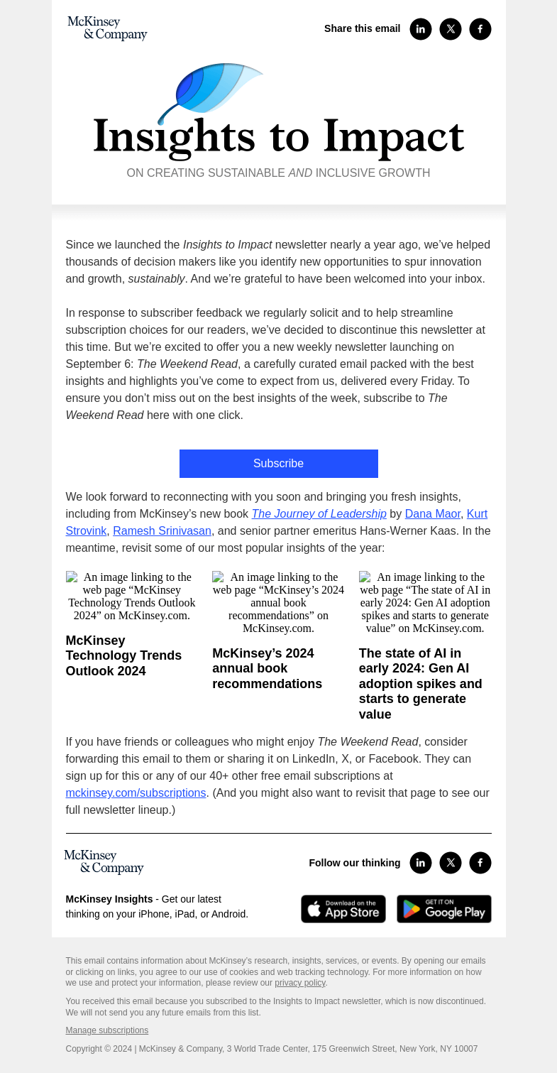 Письмо компании «McKinsey & Company» на тему «An announcement about Insights to Impact»