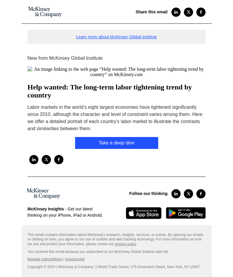 Письмо компании «McKinsey & Company» на тему «Help wanted: The long-term labor tightening trend by country»