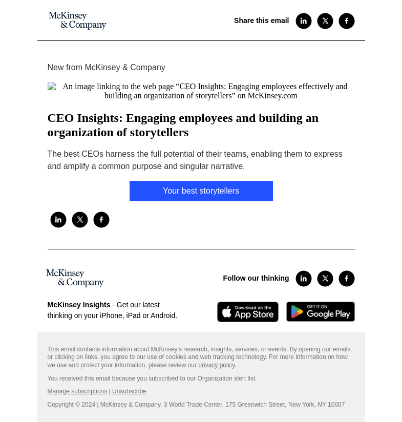 Письмо компании «McKinsey & Company» на тему «CEO Insights: Engaging employees and building an organization of
 storytellers»