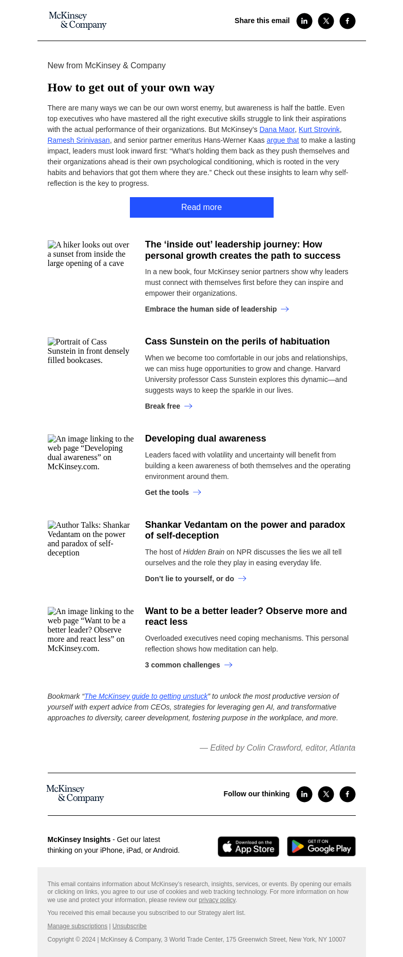 Письмо компании «McKinsey & Company» на тему «Getting unstuck: Get out of your own way»